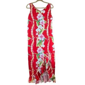 Vintage ROYAL CREATIONS Maxi Hawaiian Dress Red Floral Ruffled Tulip Hem Sz L